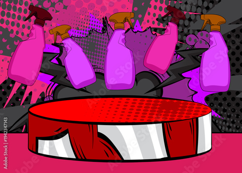 Comic Book Product podium stage for mockup presentation with Spray Bottle. Retro comics background.