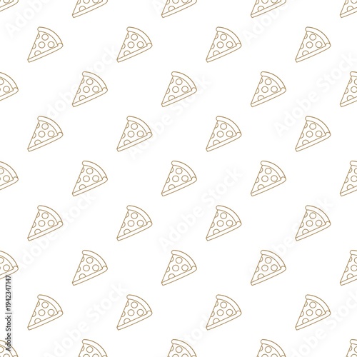 Stylish seamless pattern of pepperoni pizza slices in minimalist gold line art.