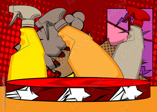 Comic Book Product podium stage for mockup presentation with Spray Bottle. Retro comics background.