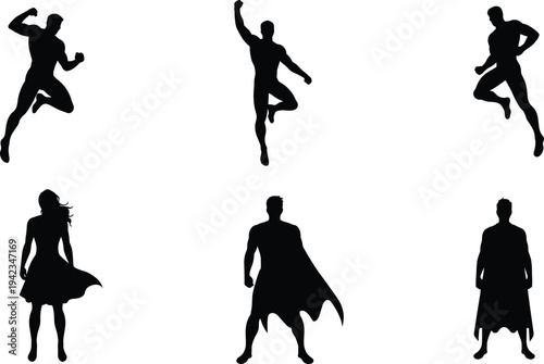 Silhouette of superheroes standing and flying in powerful poses, strength, courage, and heroism concept vector illustration for comic design