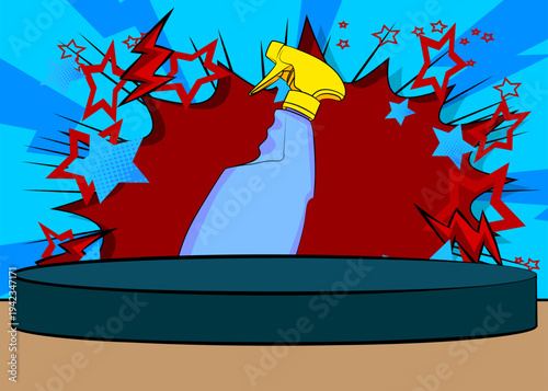 Comic Book Product podium stage for mockup presentation with Spray Bottle. Retro comics background.