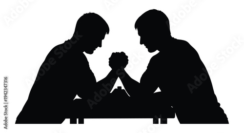 Two men engaged in an arm wrestling match depicted as a stark black silhouette