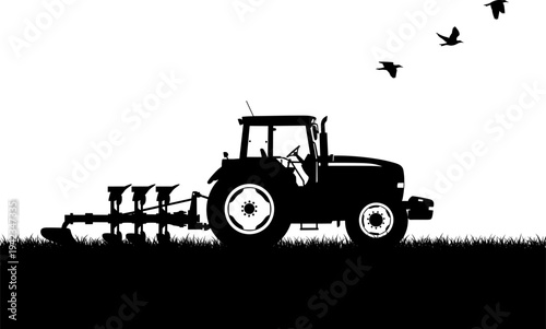 Silhouette tractor plowing farmland with flying birds above, agricultural field scene vector illustration for farming, rural landscape, cultivation and agriculture design content