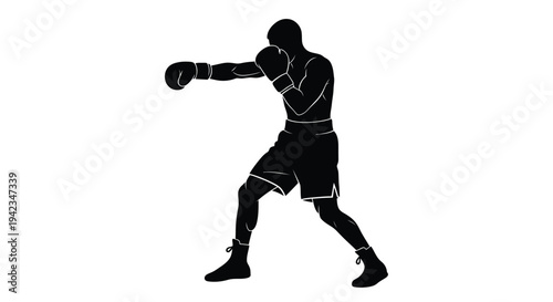 Silhouette of a boxer in mid punch against a stark white background