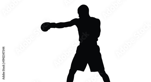 Silhouette of a boxer throwing a punch against a stark white background