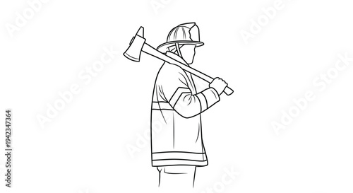 Line drawing of a firefighter holding an axe over their shoulder