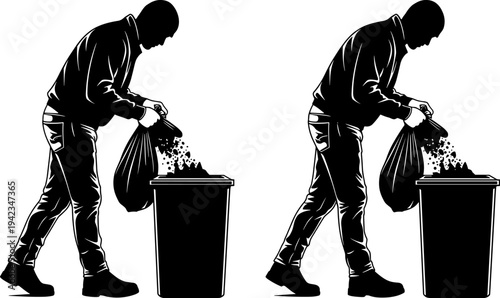 Silhouette vector illustration of a person dumping trash into a bin, showcasing waste disposal, recycling awareness, environmental cleanliness and sanitation 