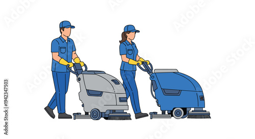A male and female cleaner in blue uniforms and yellow gloves operate large floor scrubbing machines on a plain white background.