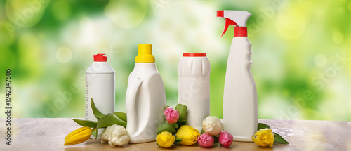 Bottles of detergents with ...