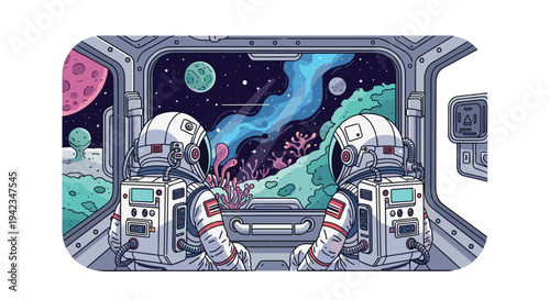 Two astronauts in white suits and helmets gaze out a spaceship window at a vibrant alien planet landscape and cosmic nebula.
