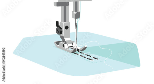 A detailed illustration captures the metallic presser foot and needle of a sewing machine actively stitching white thread onto a light blue fabric.