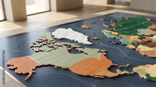 Carte du monde en relief composée de pièces colorées