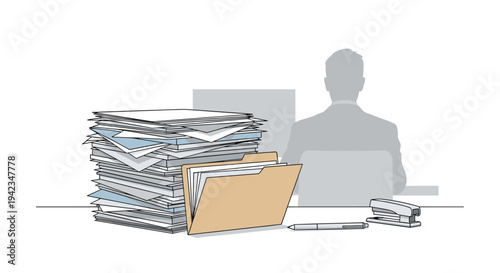 A large stack of papers and an open folder are placed on a desk with a pen and stapler, in front of a person's silhouette.