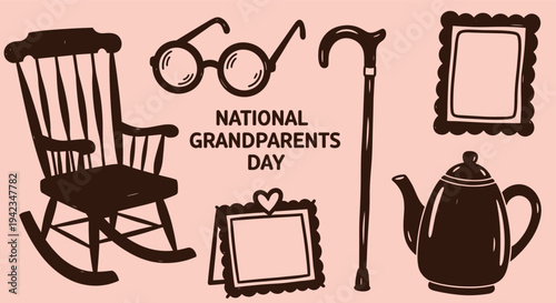 National Grandparents Day illustration rocking chair glasses cane teapot framed photos on pink background