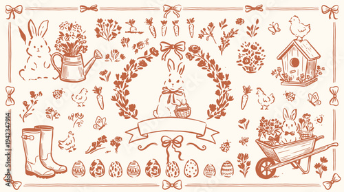 Charming Easter illustration featuring bunnies, chicks, eggs, flowers, and gardening elements in a vintage, hand-drawn style.