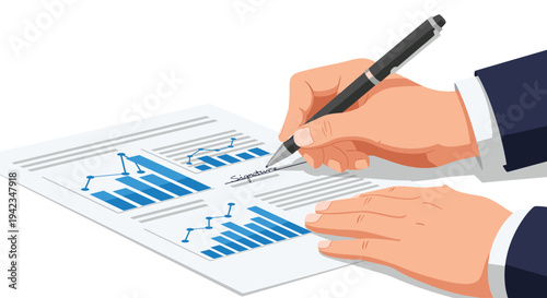 A pair of hands holds a white document displaying blue bar graphs and line charts, as a black pen signs a signature line.