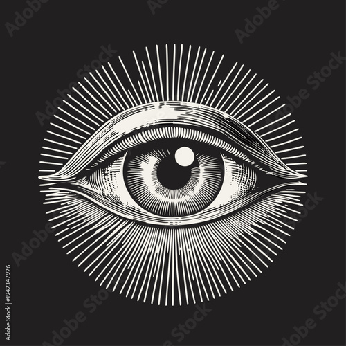 Classic All-Seeing Eye of Providence symbol with radiant light rays, vintage engraving illustration