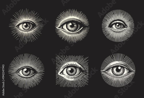 All Seeing Eye Engraving Vector Illustrations Set with Radiant Light Rays