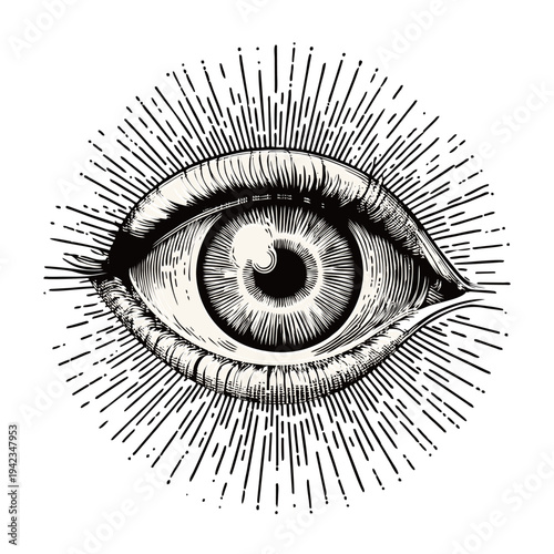 Vintage Engraved All Seeing Eye of Providence with Radiant Sunburst Light Rays