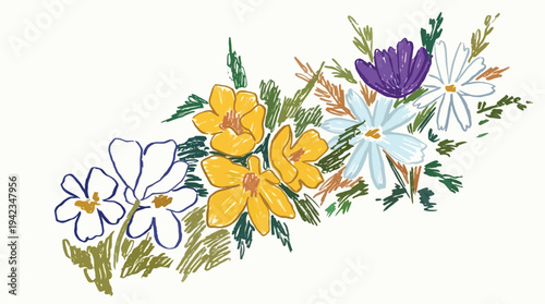 A vibrant, impressionistic digital painting of a diverse bouquet of wildflowers in various colors and shapes.