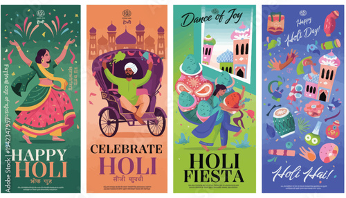 Vibrant illustrations celebrating the Indian festival of Holi with colorful depictions of people, traditions, and joyful activities.
