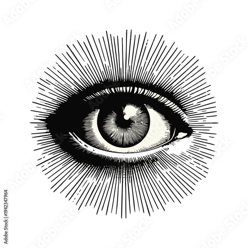 Stylized All-Seeing Eye with Radiating Rays in Vintage Woodcut Engraving Style