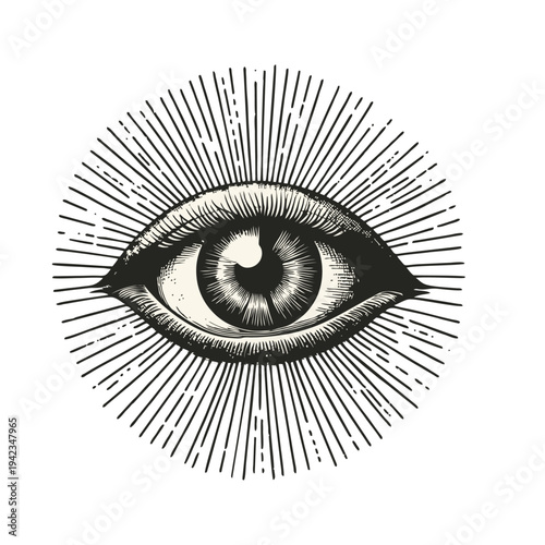 Divine Watchful Eye Symbol with Radiant Rays - Vintage Engraving