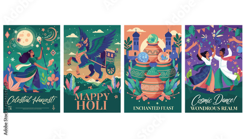 Vibrant Indian festival illustrations depicting celestial beings, mythical creatures, feasts, and joyous celebrations.