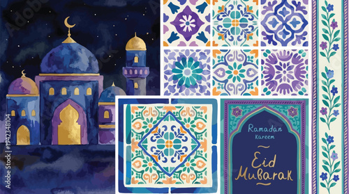 A vibrant watercolor illustration featuring a mosque at night, intricate tile patterns, and an "Eid Mubarak" greeting, evoking a festive Islamic cultural theme.