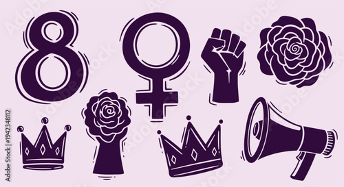 International womens day symbols purple illustration for graphic design