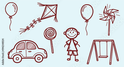 childhood drawings of toys and games on a blue background for kids