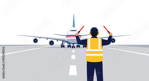 An airport ground crew worker, wearing a yellow vest and headphones, stands on a marked runway, actively guiding a large passenger airplane with red signal wands.
