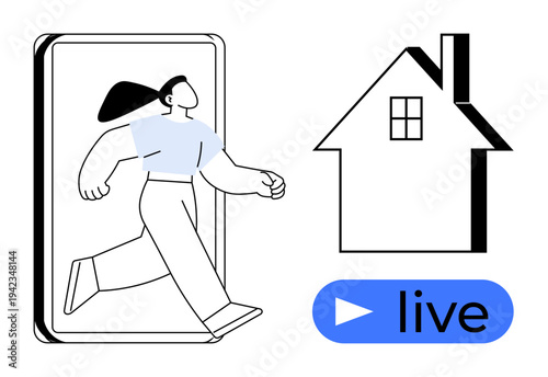 Remote work, live streaming, online communication, telepresence, modern technology, virtual connectivity. Woman stepping out of a screen toward a house icon with live button. Remote work and live