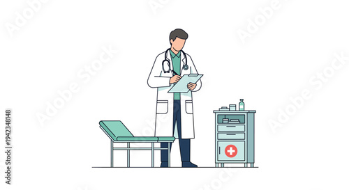 A male doctor in a white lab coat and stethoscope stands, diligently writing on a clipboard, beside an examination bed and a medical cabinet in a sterile white room.