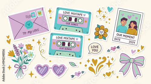 A collection of romantic and nostalgic stickers featuring love-themed items like envelopes, mixtapes, photos, flowers, and hearts.