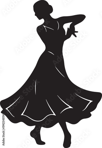 Silhouette of an elegant ballet dancer performing in a wide flowing dress. A graceful ballerina dancing in a flowing skirt.