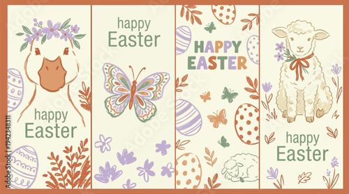 A charming collection of four vertical Easter-themed banners featuring cute animals and festive decorations.