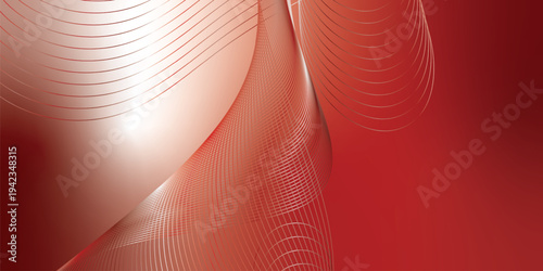 Abstract marron red and white luminous waves curving through a deep shadowy backdrop with scattered glittering micro particles, futuristic digital tech concept, vector illustration