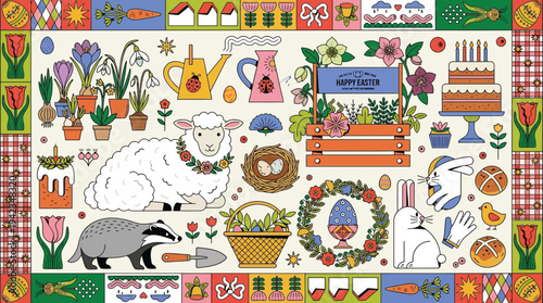 A vibrant and whimsical illustration celebrating Easter with a variety of charming elements including farm animals, spring flowers, Easter eggs, and festive decorations.