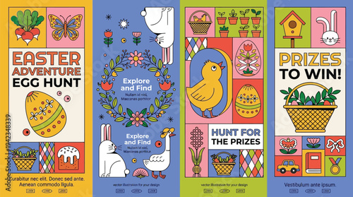 Vibrant Easter-themed vertical banners featuring egg hunts, prizes, and cute cartoon animals like bunnies, chicks, and ducks, with floral and geometric patterns.