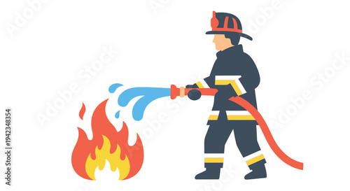 A cartoon firefighter extinguishes a blaze with a powerful water hose