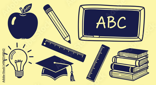 school supplies and learning icons on yellow background education concept