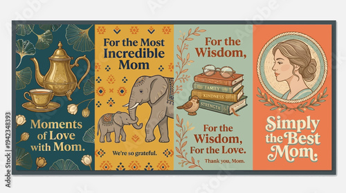 A collection of four distinct illustrations celebrating mothers, featuring themes of love, wisdom, and gratitude with charming imagery.