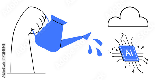 Artificial intelligence, innovation, technology growth, digital transformation, creativity, cloud computing. A hand pours water on an AI chip with a cloud. AI growth and innovation concept