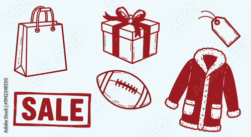 Christmas sale shopping icons with gift box and coat for retail promotion