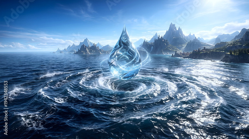 Big Water Dew with Ripple Wavess above the Ocean with Tiny Isles at Background, Blue Sky