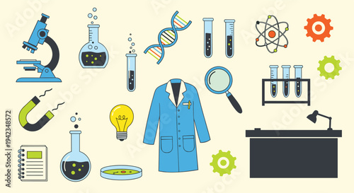 Science laboratory icons flat design on beige background for education and research