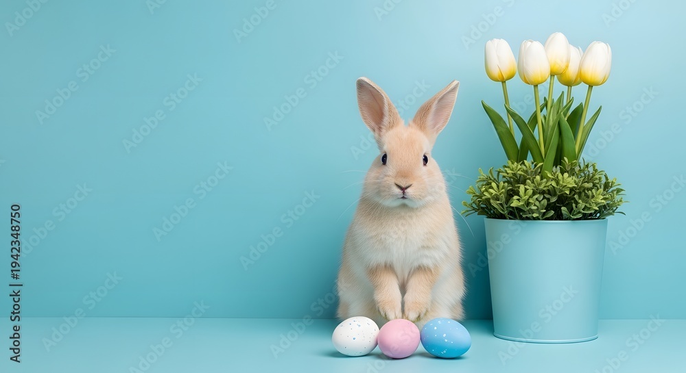 Fototapeta premium Easter bunny with tulips and eggs on blue background