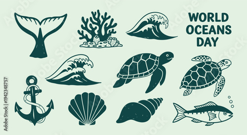 World Oceans Day illustration with marine life and symbols for conservation awareness