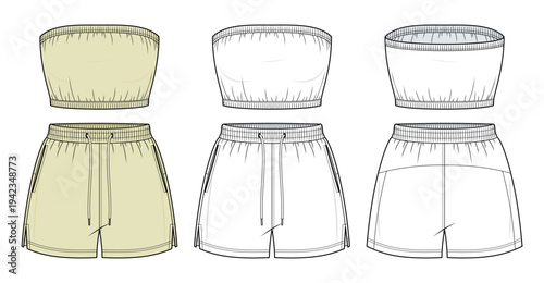 Garterized Tube Top and Lounge Shorts Technical Fashion Illustration. Elastic Hem Bandeau Top Athleisure Set Vector Template. Front and Back View Fashion CAD Mockup.